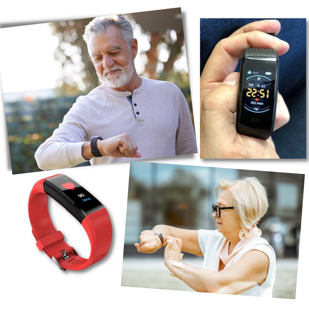 Stijlvolle blauwe senioren smartwatch met slaaptracking, groot scherm en comfort.