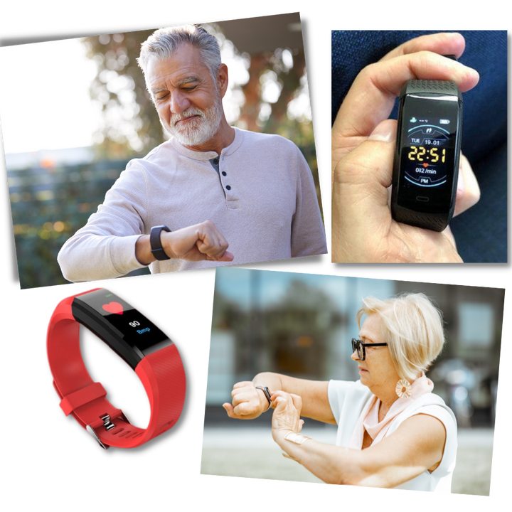 Stijlvolle blauwe senioren smartwatch met slaaptracking, groot scherm en comfort.