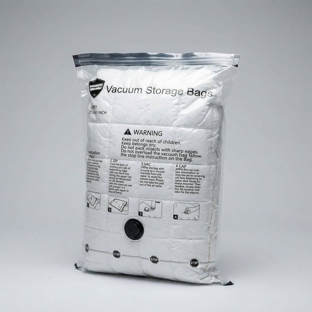 Comprimeer kleding efficiënt met deze VacuumVault vacuüm opbergzakken, ideaal voor maximale ruimtebesparing.
