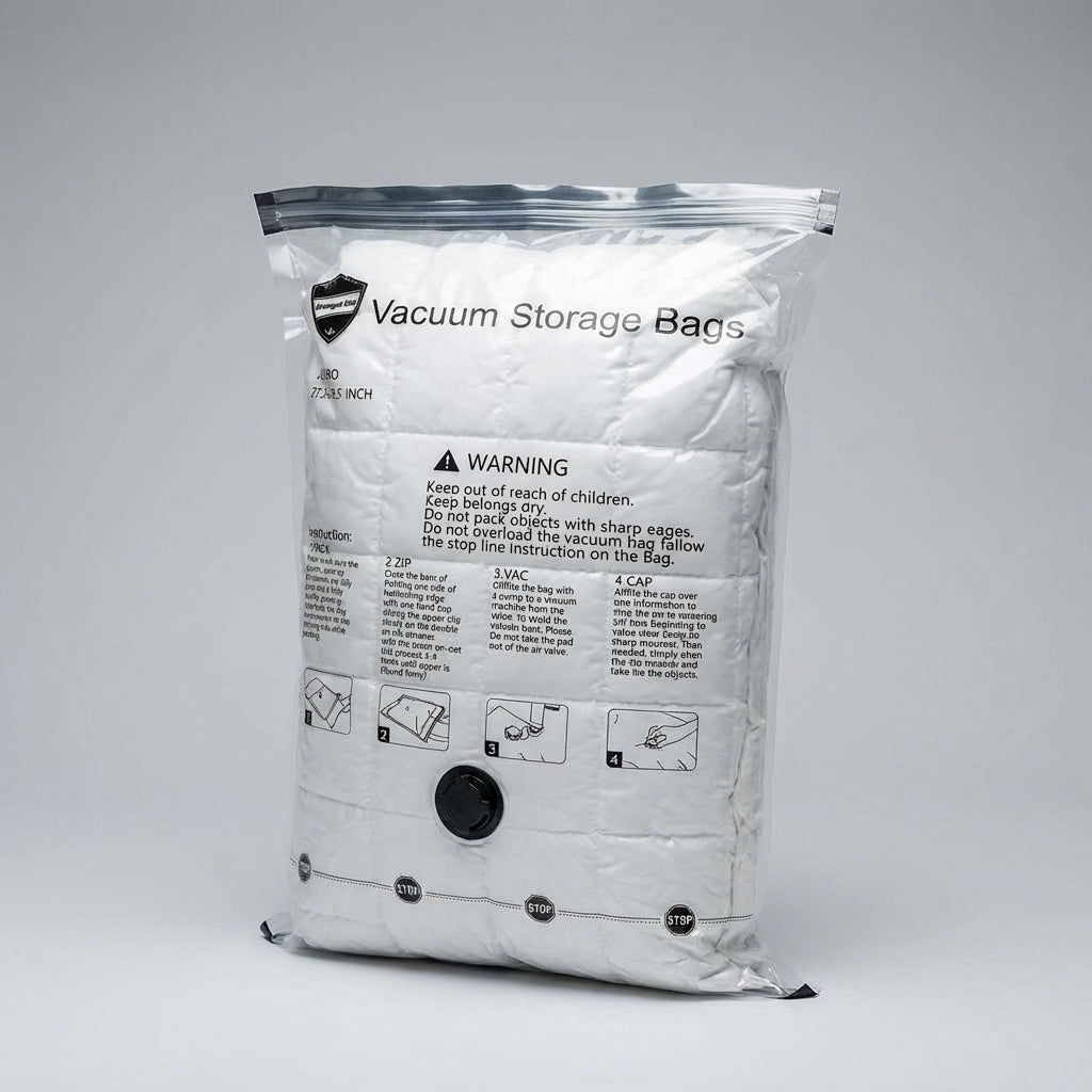 Comprimeer kleding efficiënt met deze VacuumVault vacuüm opbergzakken, ideaal voor maximale ruimtebesparing.