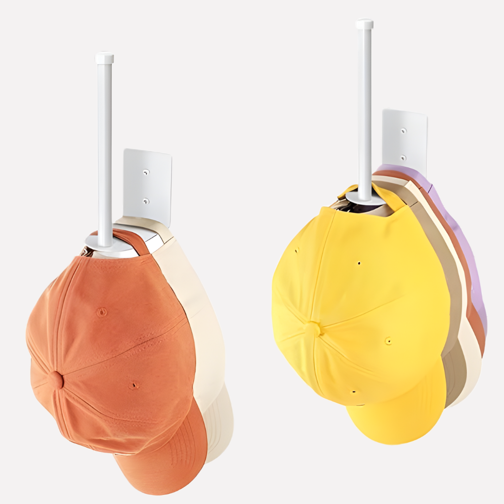 Praktische hoedenrek organizer set voor 2 baseballcaps; ideaal voor overzichtelijke pettenopslag aan de muur.