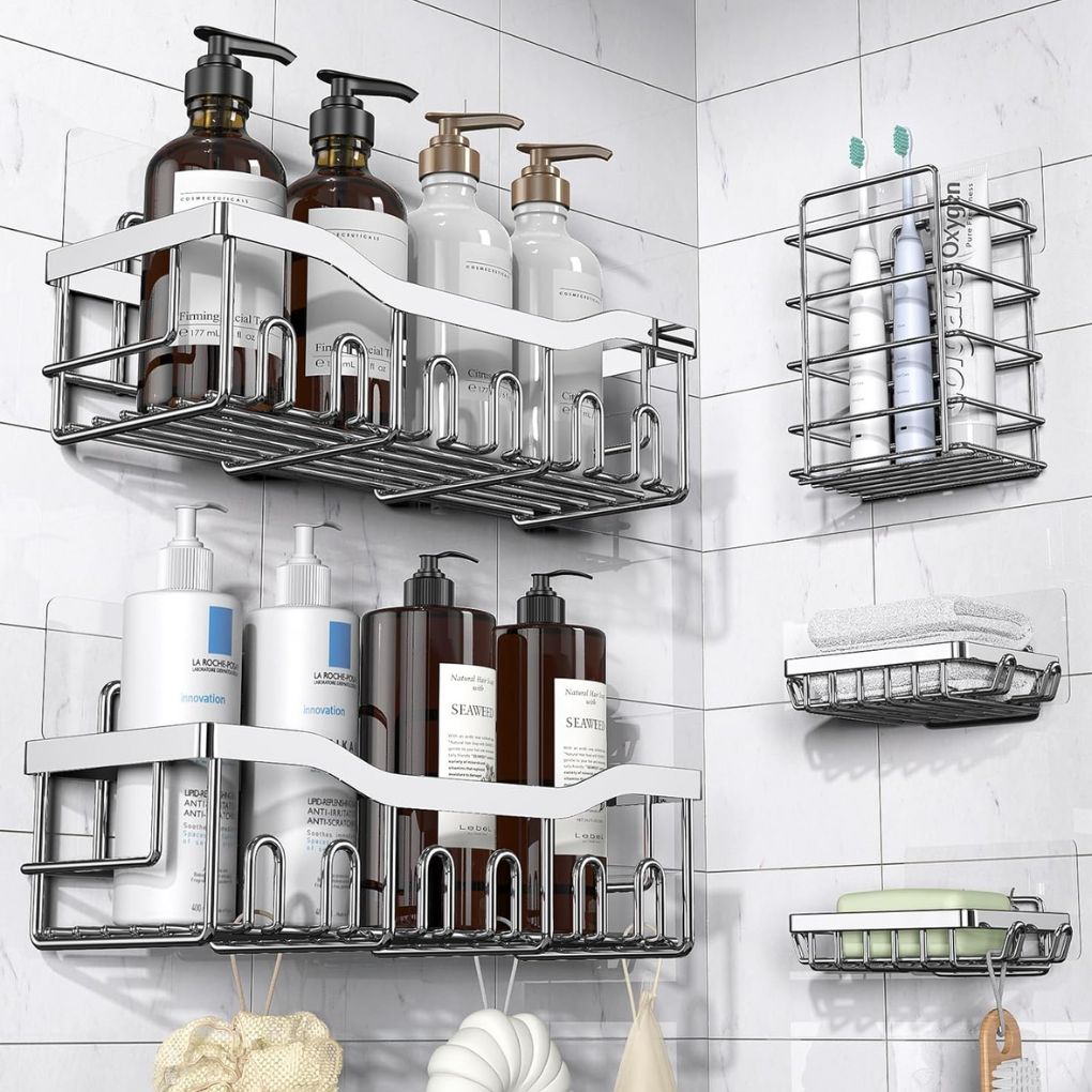 Set van 2 zelfklevende douche caddy opbergrekken voor badkamer of keuken; eenvoudige, boorvrije muurbevestiging.