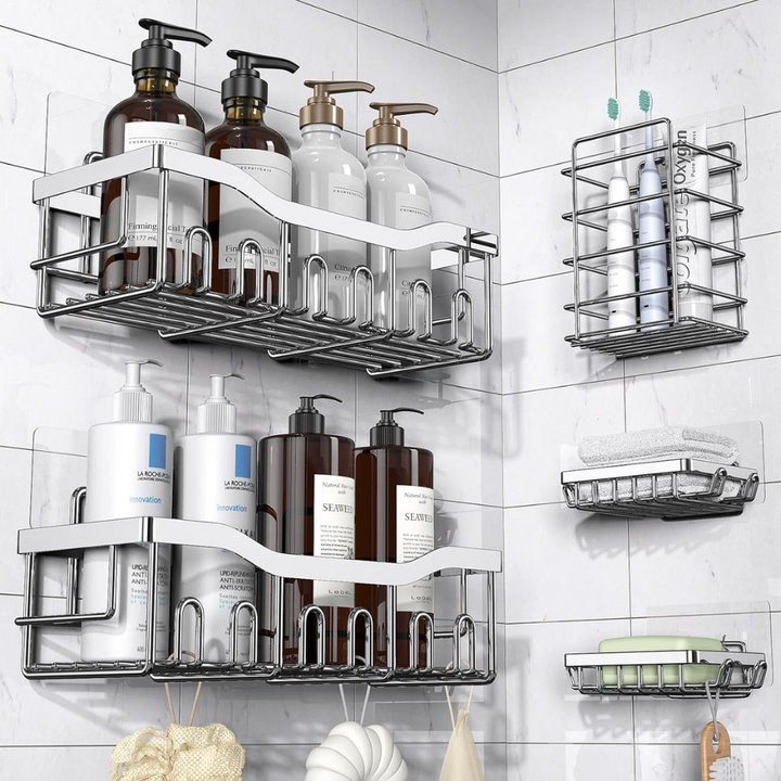 Set van 2 zelfklevende douche caddy opbergrekken voor badkamer of keuken; eenvoudige, boorvrije muurbevestiging.