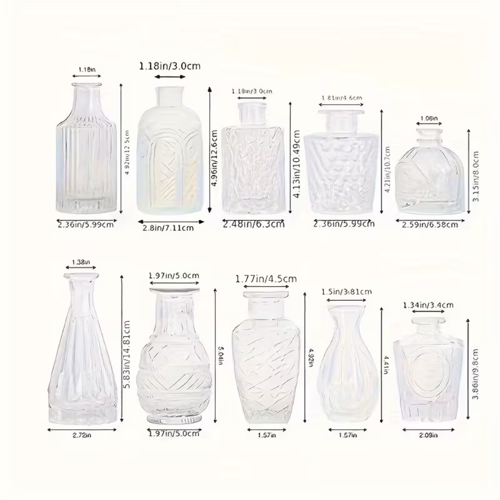 Set van 3 transparante glazen vazen met elegant reliëf, ideaal voor bloemen en moderne interieurdecoratie.