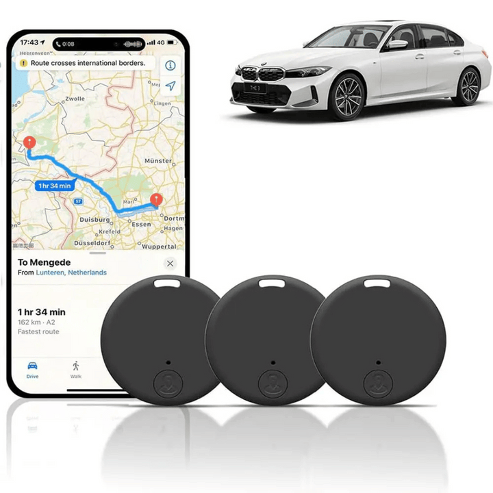 Set van 3 zwarte mini GPS trackers voor het snel terugvinden van sleutels, tassen of huisdieren via Bluetooth.