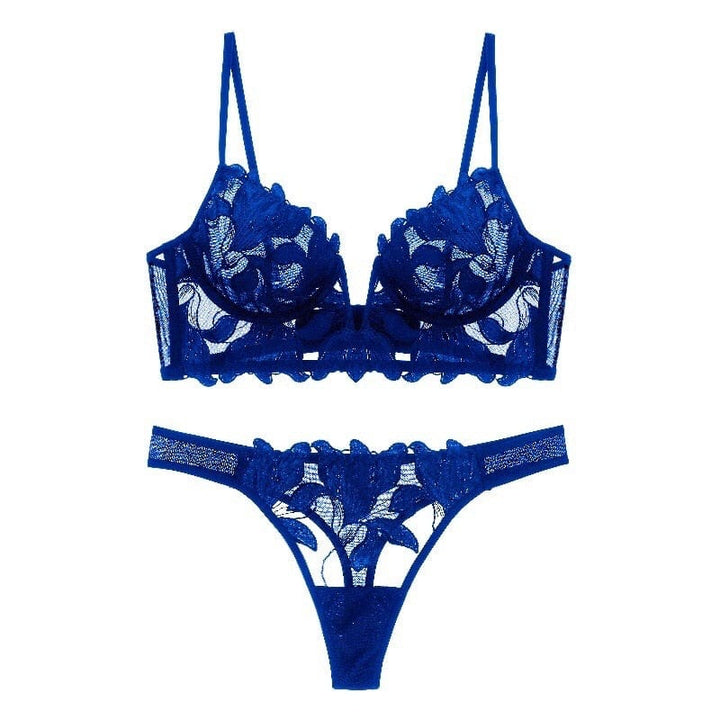 Sexy Franse kanten lingerieset voor dames met diepe V-hals, elegante beha & slip.