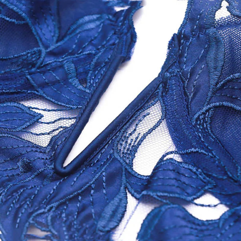 Verleidelijke dames lingerieset: kanten beha, diepe V-hals, en elegante slip van Frans kant.