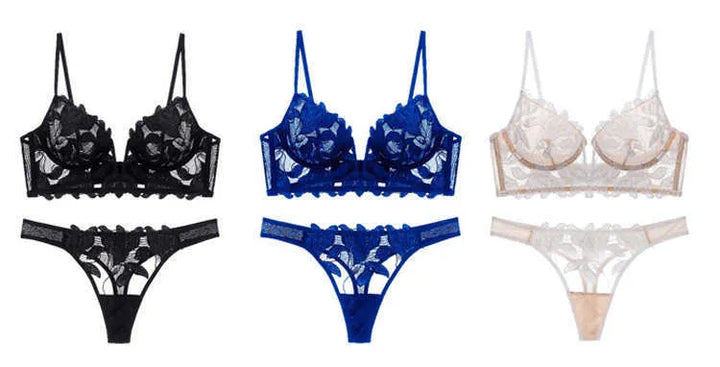 Comfortabele sexy dames lingerieset van Frans kant met diepe V-hals beha en slip.