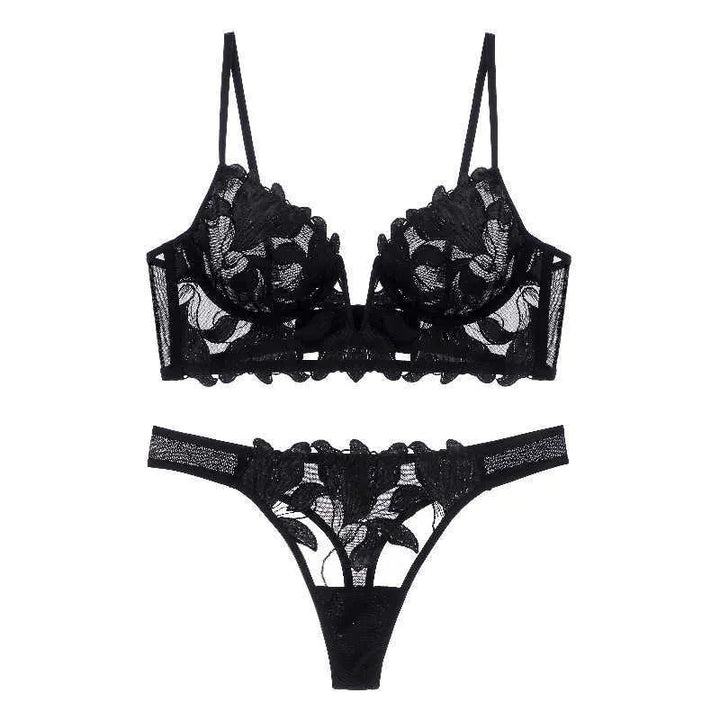 Elegante dames lingerie van Frans kant, sexy set met diepe V-hals beha en slip ondergoed.