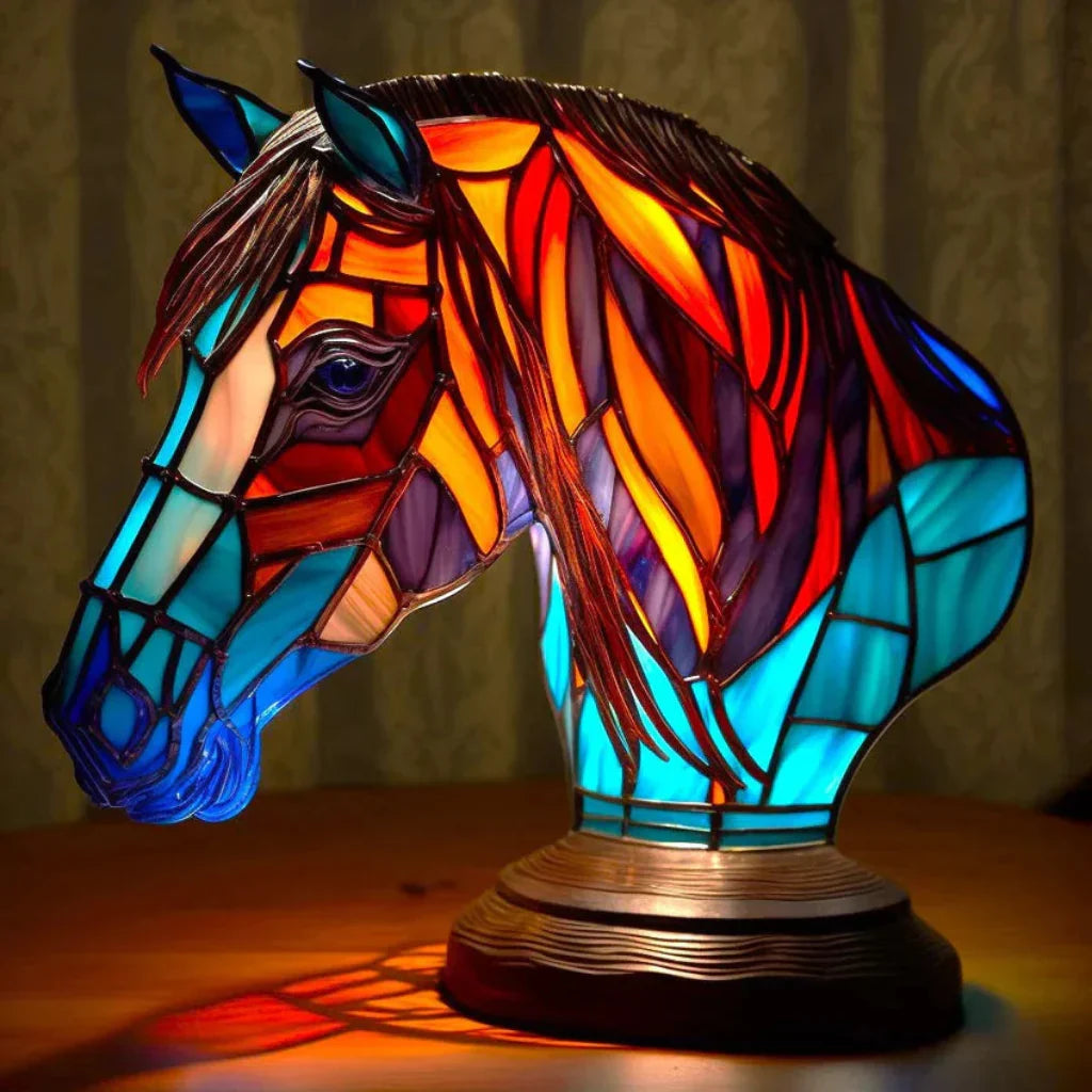 Sfeervolle hars sculptuur: dieren nachtlampje met levendig gekleurd glas effect.