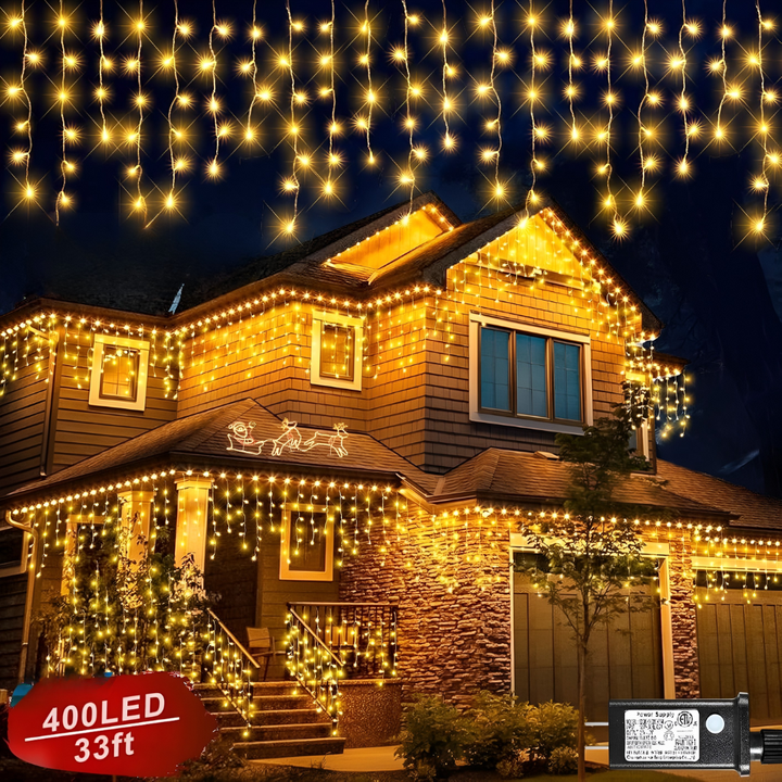 Sfeervolle LED gordijn buitenverlichting met warmwit licht, perfect voor terras, tuin of als feestverlichting.