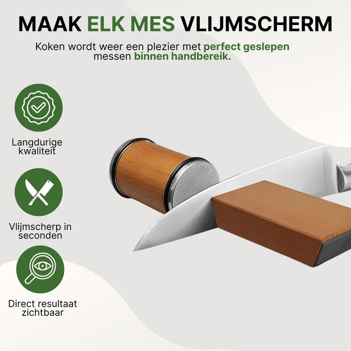 Demonstratie van een mes dat vlijmscherp wordt geslepen op het houten blok