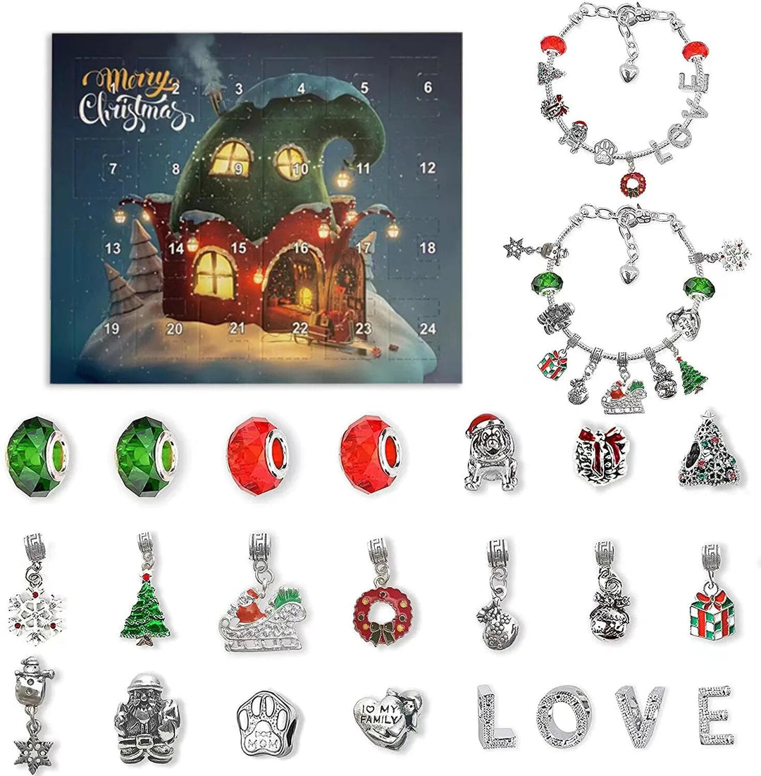 Open adventskalender met fonkelende sieraden, waaronder ketting, armband en bedels.