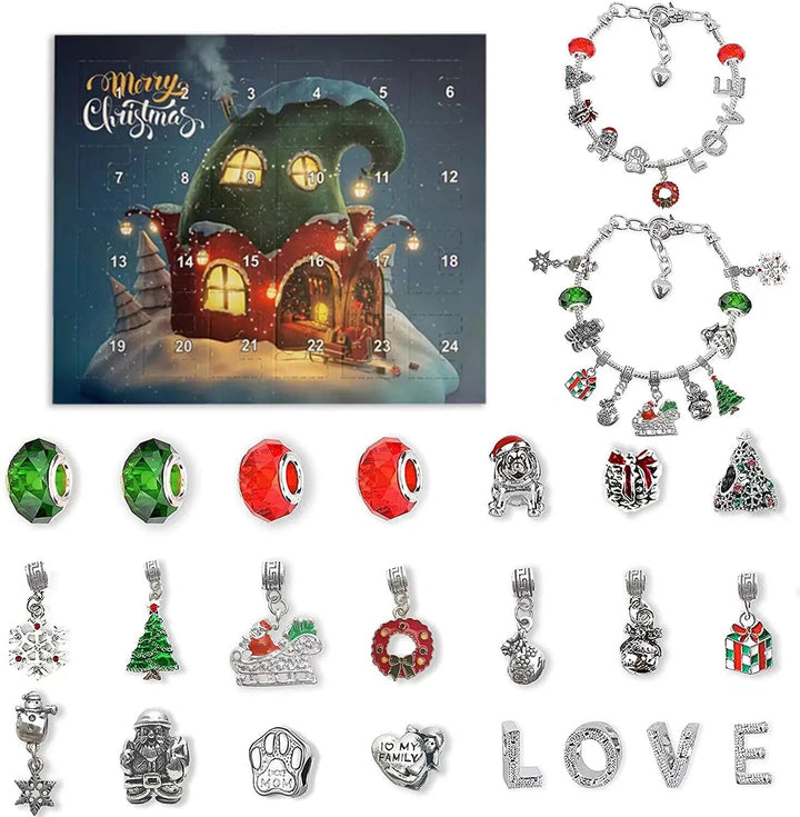 Open adventskalender met fonkelende sieraden, waaronder ketting, armband en bedels.