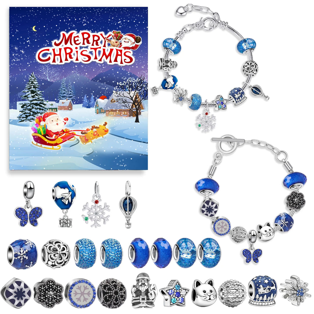 Alle 24 unieke sieraden uit de Adventskalender 2025, feestelijk uitgestald op een tafel.