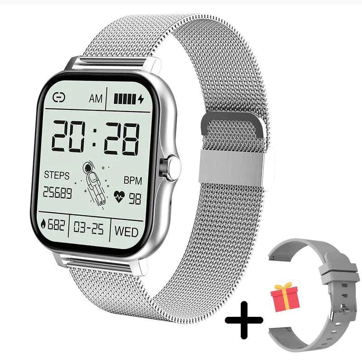 Dames gezondheidstracker smartwatch voor monitoring van hartslag, slaap en activiteit, in een chic design.