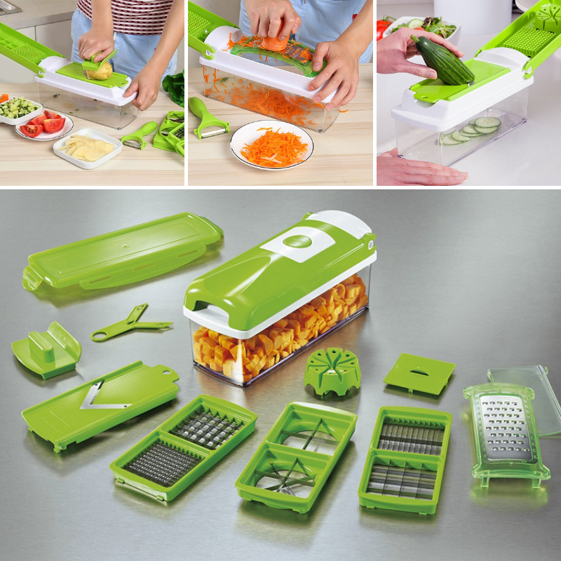 SlicePro 12-in-1 multifunctionele groentesnijder, efficiënte keukenhulp voor snijden, raspen en hakken.