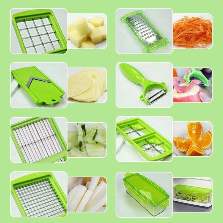 Alle onderdelen van de 12-in-1 multifunctionele SlicePro groentesnijder, inclusief opvangbak en diverse raspen.