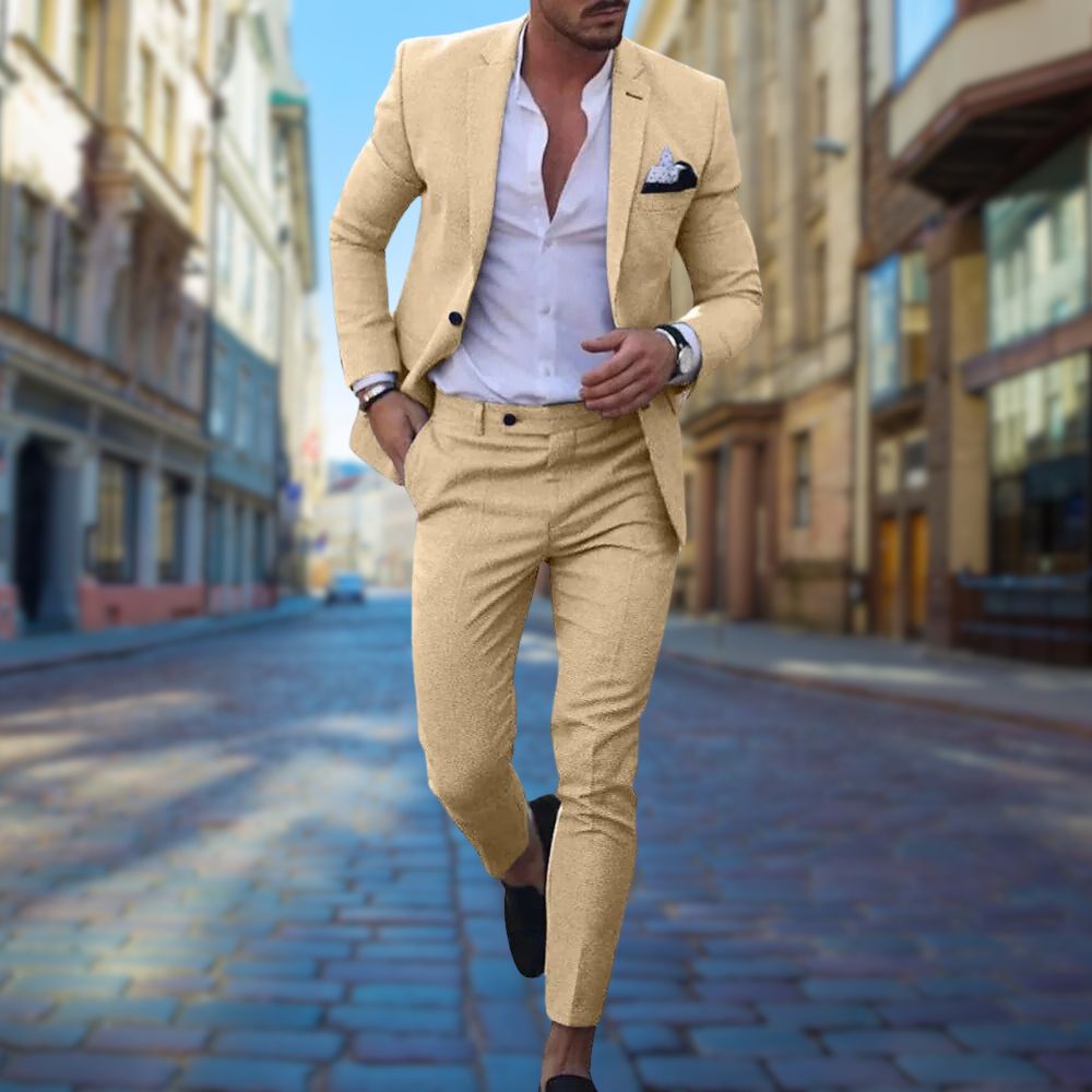 "Slim fit heren zomerpak voor bruiloften, elegant grijs met subtiele stiksels, perfecte pasvorm en ademend materiaal."