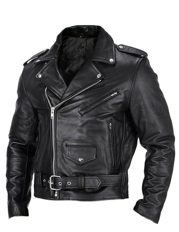 Slim fit leren heren motorjas Ryder met opstaande kraag. Stijlvolle zwarte bikerjas voor heren.