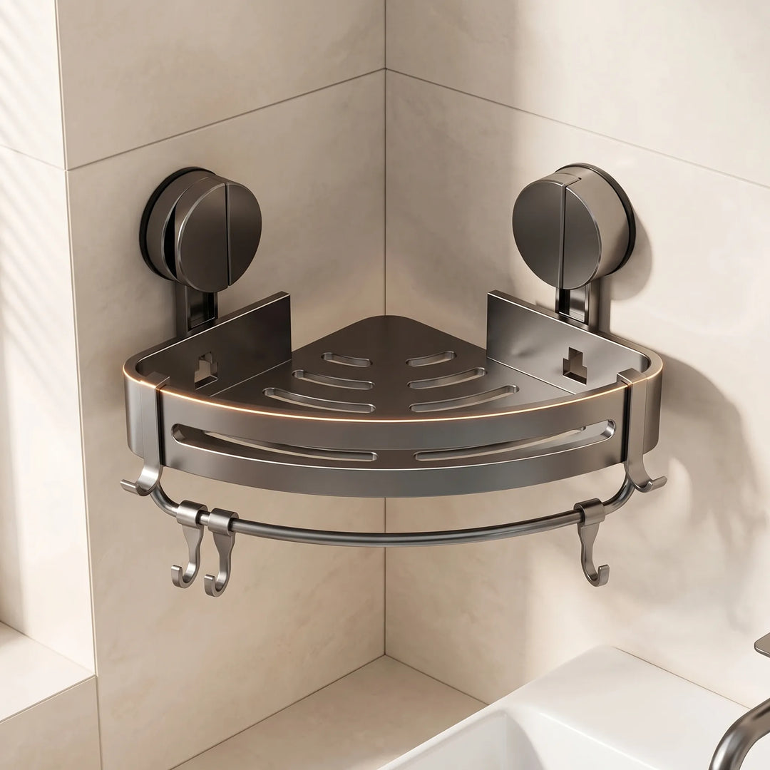 Slimme gunmetal badkamer hoekplank met krachtige zuignap, boorvrij en roestvrij voor optimale douche organisatie.