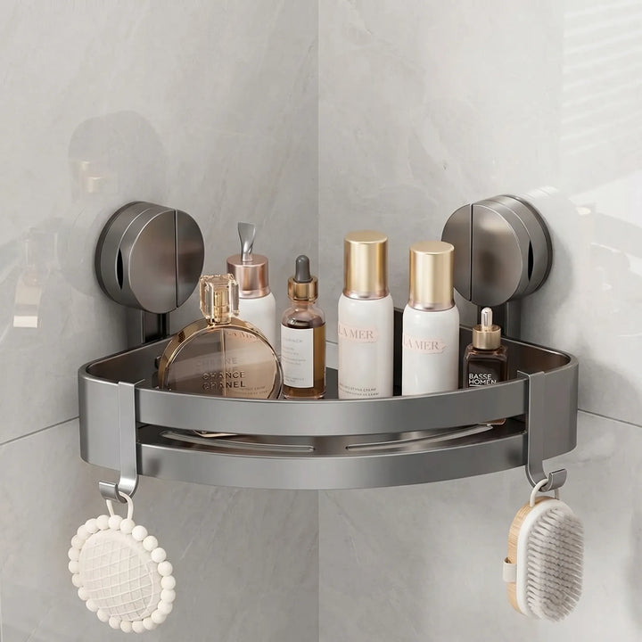 Slimme gunmetal douche hoekplank met zuignap, roestvrij en boorvrij. Perfect voor moderne badkamer organisatie.