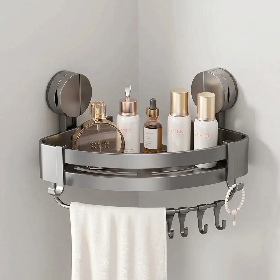 Duurzame roestvrije hoekplank met zuignap voor de badkamer. Een stijlvol en boorvrij opbergsysteem in gunmetal.