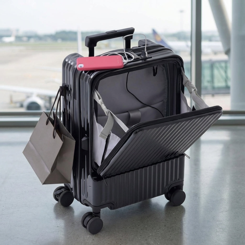 Slimme handbagage koffer met voorvak en USB-poort voor snel opladen, ideaal voor georganiseerd reizen.