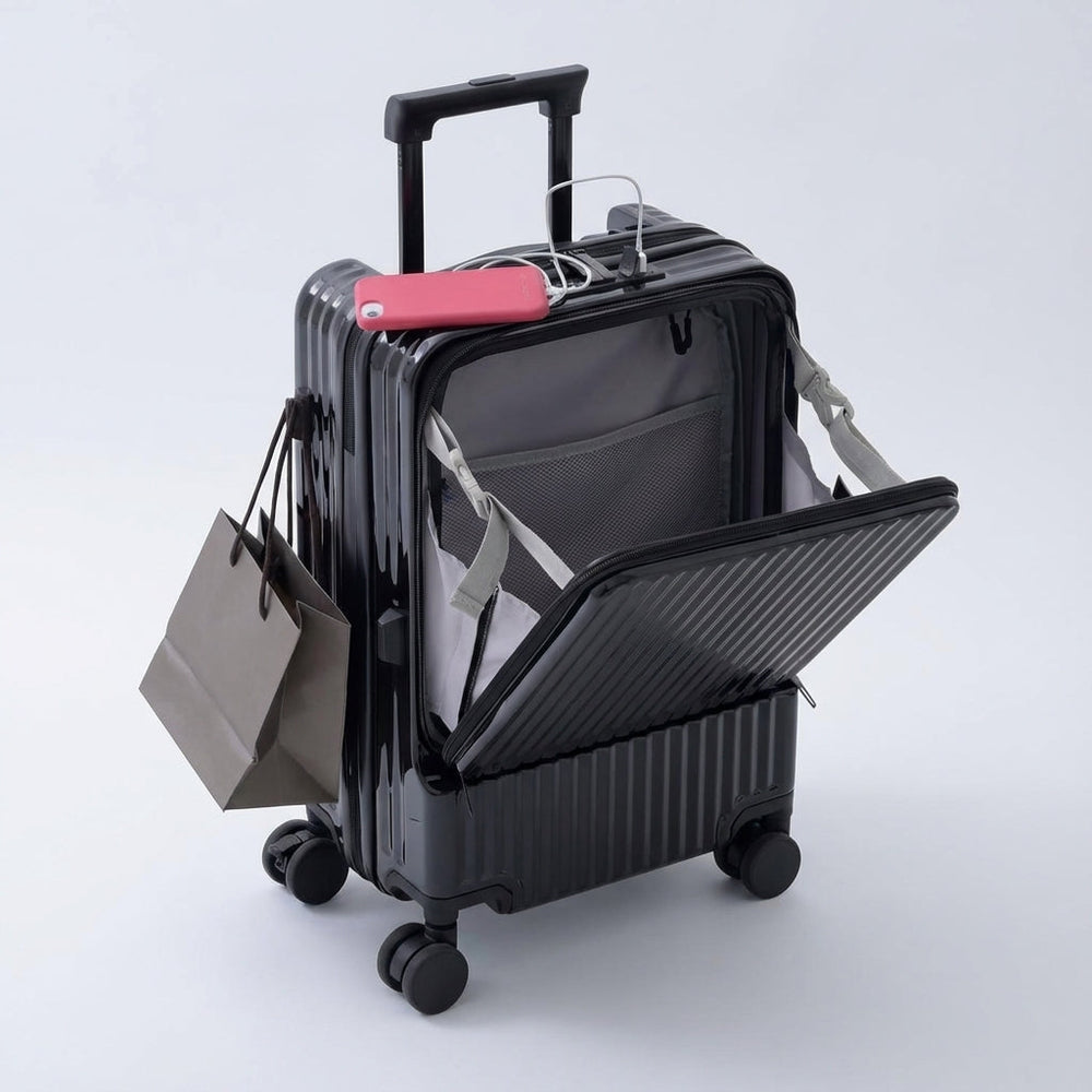 Compacte handbagage reiskoffer met handig voorvak voor snelle toegang tot reisbenodigdheden, lichtgewicht.
