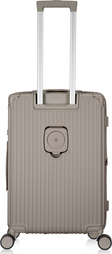 Mykonos hardshell koffer met uitschuifbare bekerhouder en stevige wielen, ideaal voor reizen.