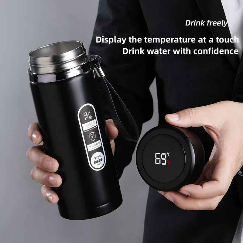 Slimme thermosfles met LED display, houdt dranken warm of koud, 0.8-1.0L, RVS lekvrij.