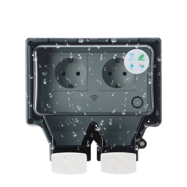 Robuuste slimme WiFi buitenstekker, IP66 waterdicht, ontworpen voor betrouwbare stroomvoorziening en controle buiten.