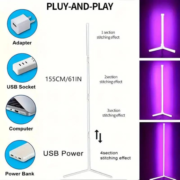 Strakke RGB hoek vloerlamp van Aurora Wonen. Dimbare slimme verlichting met muziek sync voor elke ruimte.