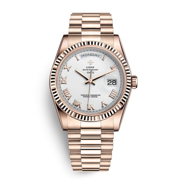 Solan heren automatisch horloge met dag- en datumfunctie, klassiek roestvrij staal design.