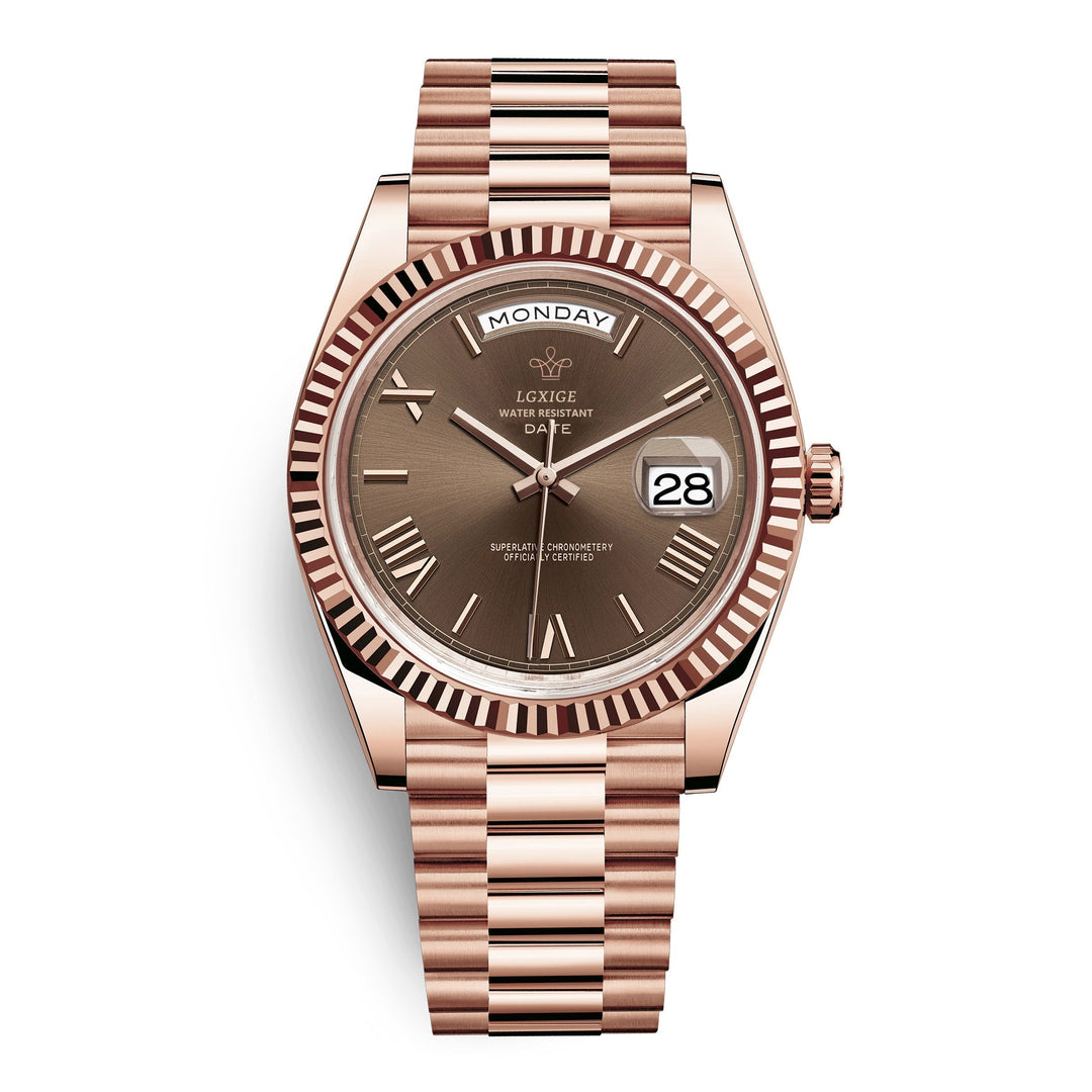 Luxe Solan automatisch herenhorloge, zilverkleurig met duidelijke dag-datumweergave.