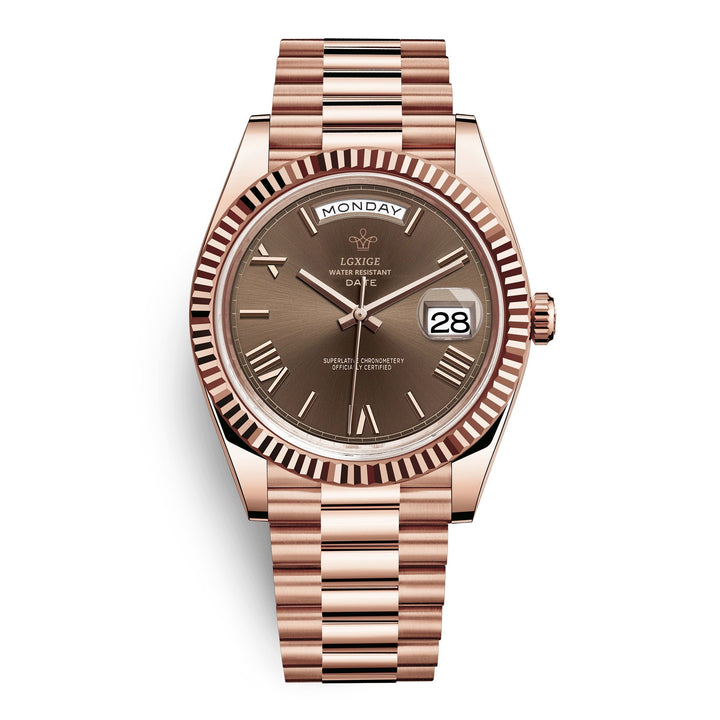Luxe Solan automatisch herenhorloge, zilverkleurig met duidelijke dag-datumweergave.