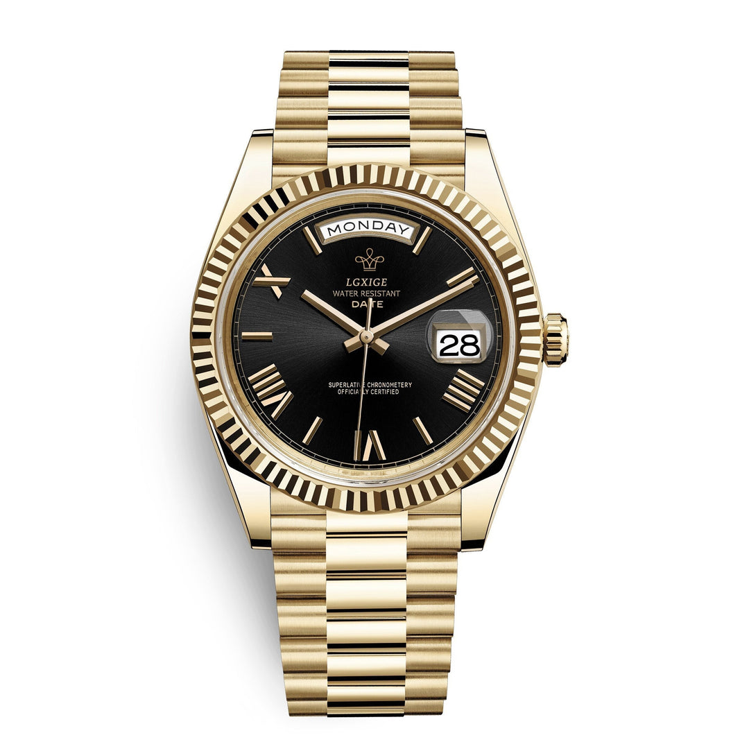 Gedetailleerd shot van Solan automatisch horloge met dag-datum op elegante wijzerplaat.