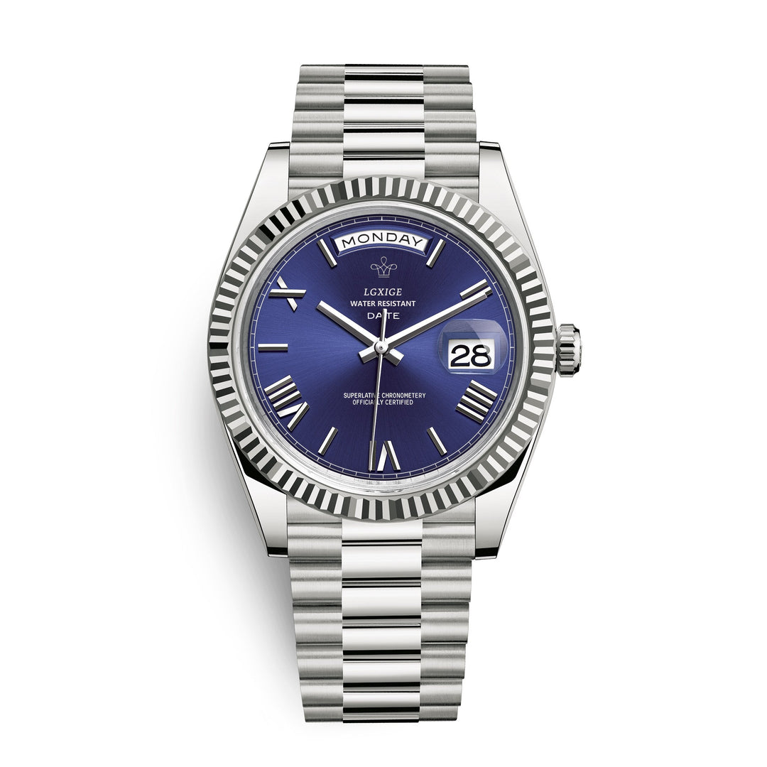 Zilverkleurig automatisch Solan horloge, tijdloze look, met praktische dag- en datumfunctie.