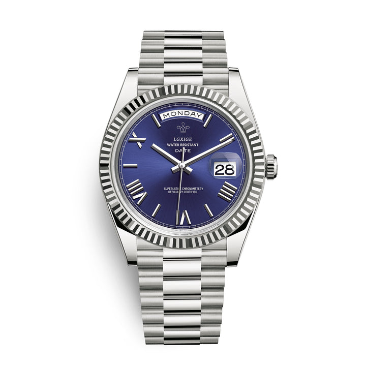 Zilverkleurig automatisch Solan horloge, tijdloze look, met praktische dag- en datumfunctie.