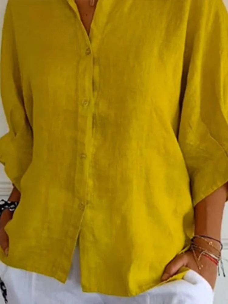 "Sophie linnen damesblouse, V-hals met strik, luchtig linnen en katoen, stijlvol en elegant voor elke gelegenheid."