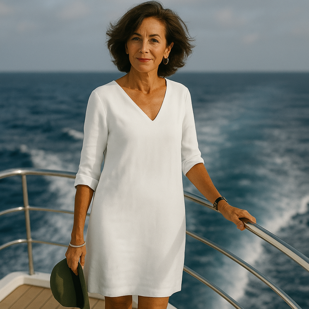 "Sophie zomerjurk donkerblauw, elegant ontwerp, luchtige stof, dameskleding, ideaal voor stijlvolle en comfortabele zomerdage