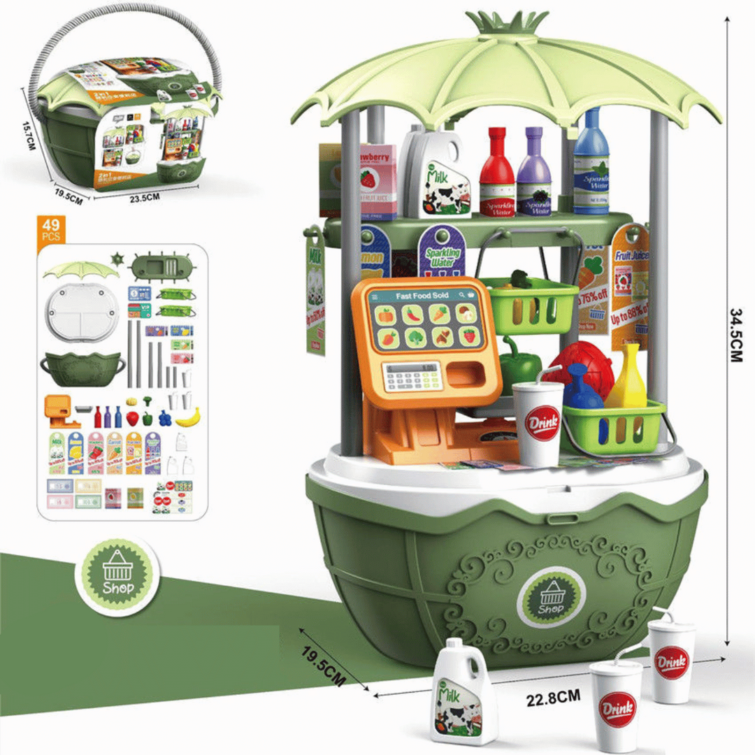 Speelgoed ijskar voor kinderen met kleurrijke accessoires zoals ijsjes, lolly's en bekers voor creatief rollenspel.