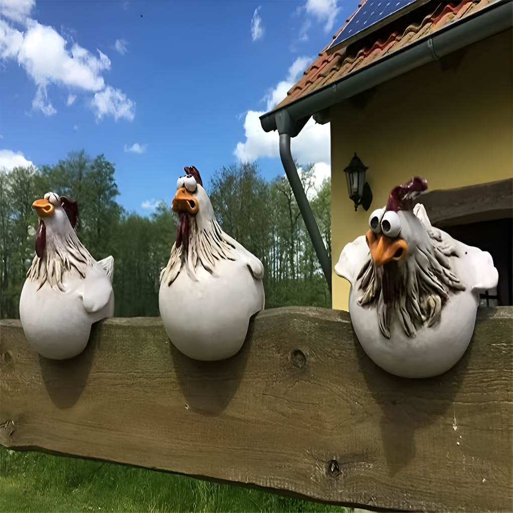 Speelse haan tuinornamenten set van hars, perfecte tuindecoratie voor terras en tuin met boerderijthema.