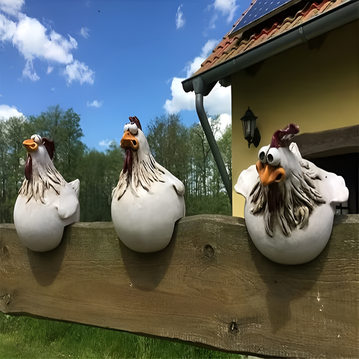 Speelse haan tuinornamenten set van hars, perfecte tuindecoratie voor terras en tuin met boerderijthema.