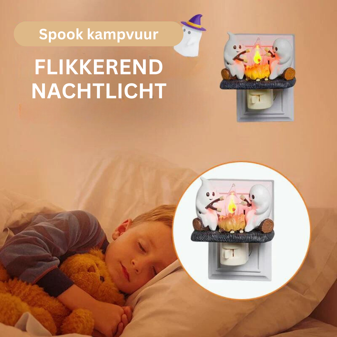 Spook nachtlampje met realistisch kampvuur vlam effect, perfect voor kinderkamer of sfeervolle slaapkamer.