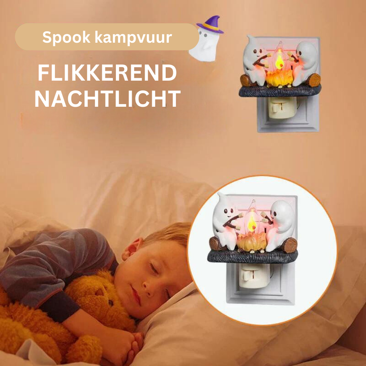 Spook nachtlampje met realistisch kampvuur vlam effect, perfect voor kinderkamer of sfeervolle slaapkamer.
