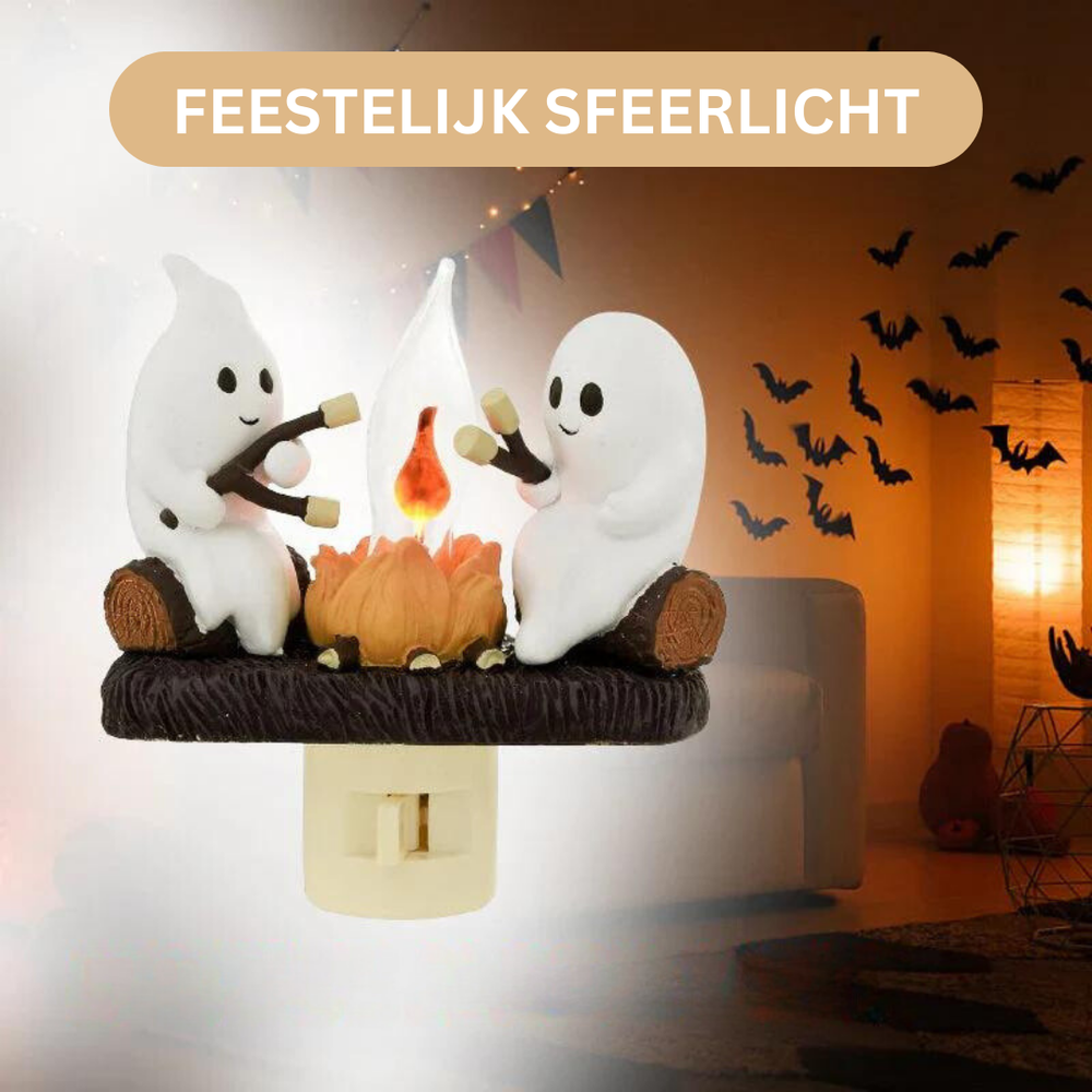 Decoratief spook nachtlicht met rustgevend LED vlam effect, ideaal voor gezellige woondecoratie of uniek cadeau.