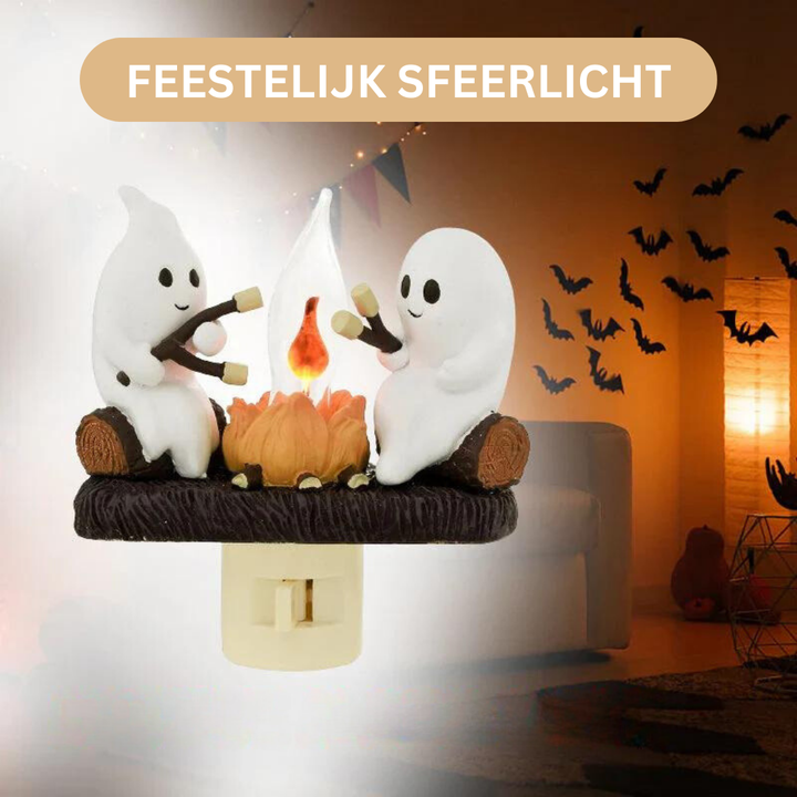 Decoratief spook nachtlicht met rustgevend LED vlam effect, ideaal voor gezellige woondecoratie of uniek cadeau.