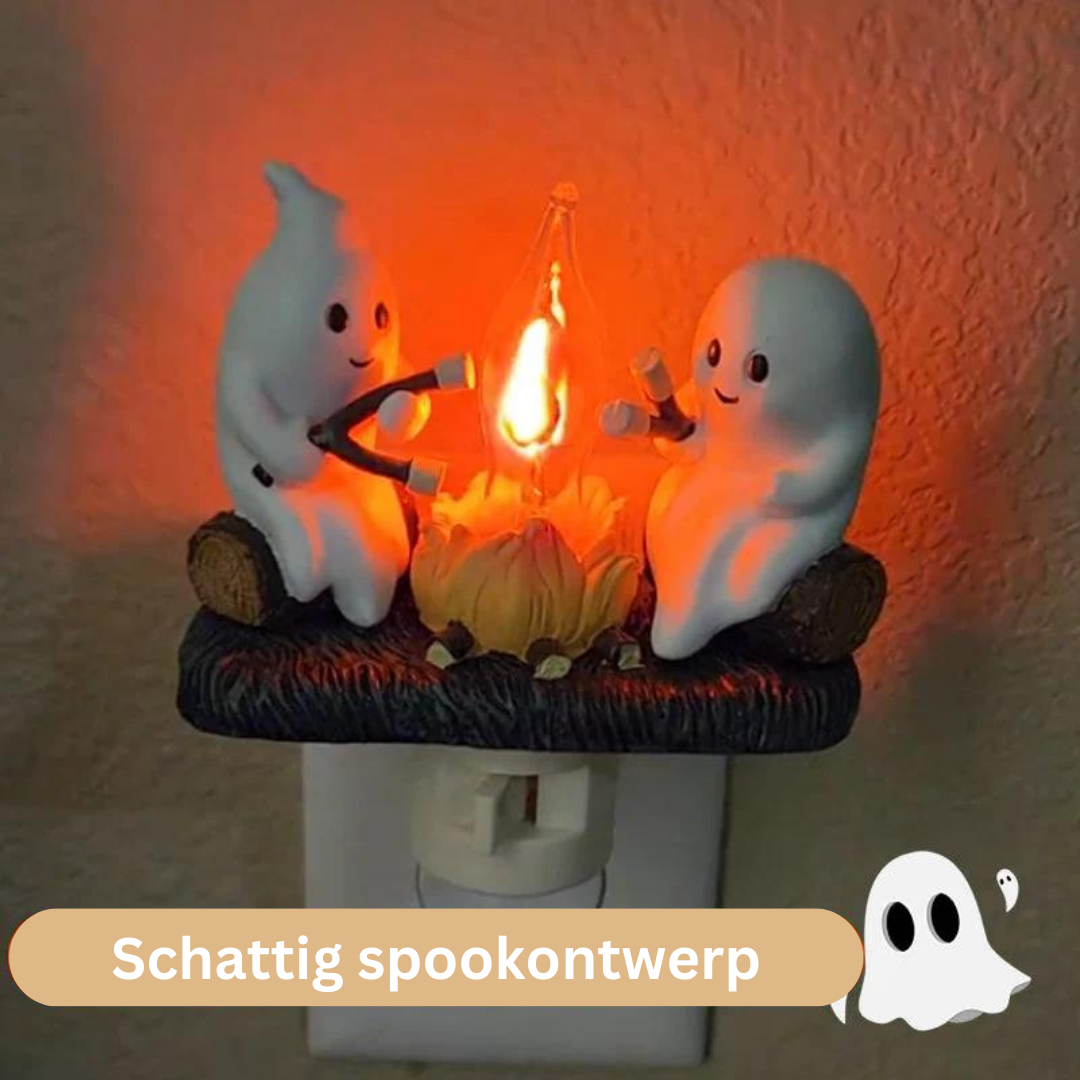 Schattig spook nachtlampje creëert gezellige sfeer met realistisch kampvuur vlam effect, perfect voor kinderkamer.