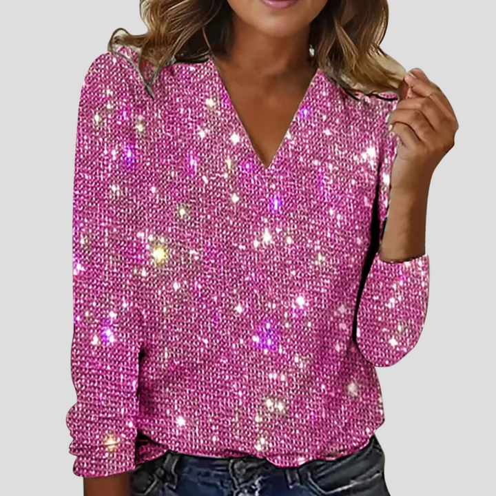 Modieuze glitterblouse voor dames met diepe V-hals en comfortabele lange mouwen, geschikt voor diverse feestelijke gelegenheden.